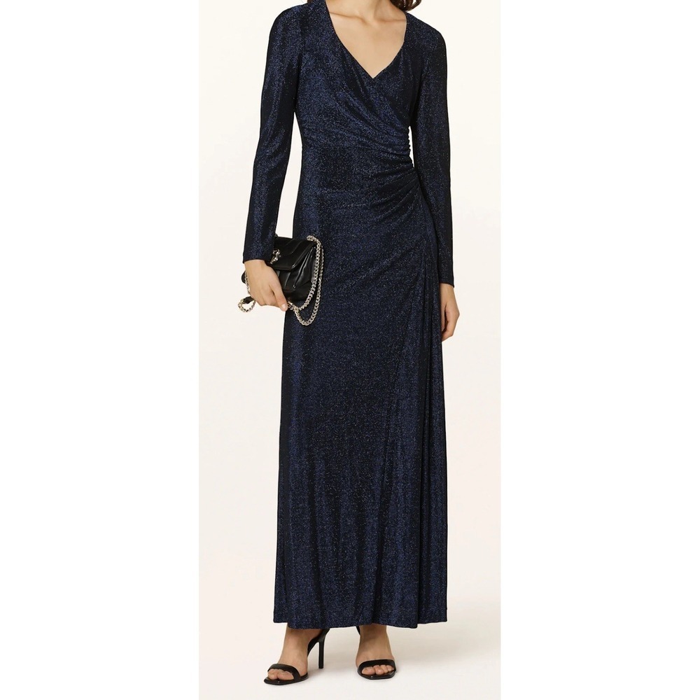 Diane von Furstenberg DVF Navy Blue Metallic Ruched Long Sleeve Maxi Dress S